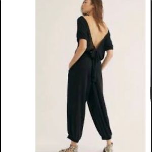 Free People FP Beach Jumpsuit Ribbed Open Back Linen Blend Black Size XS